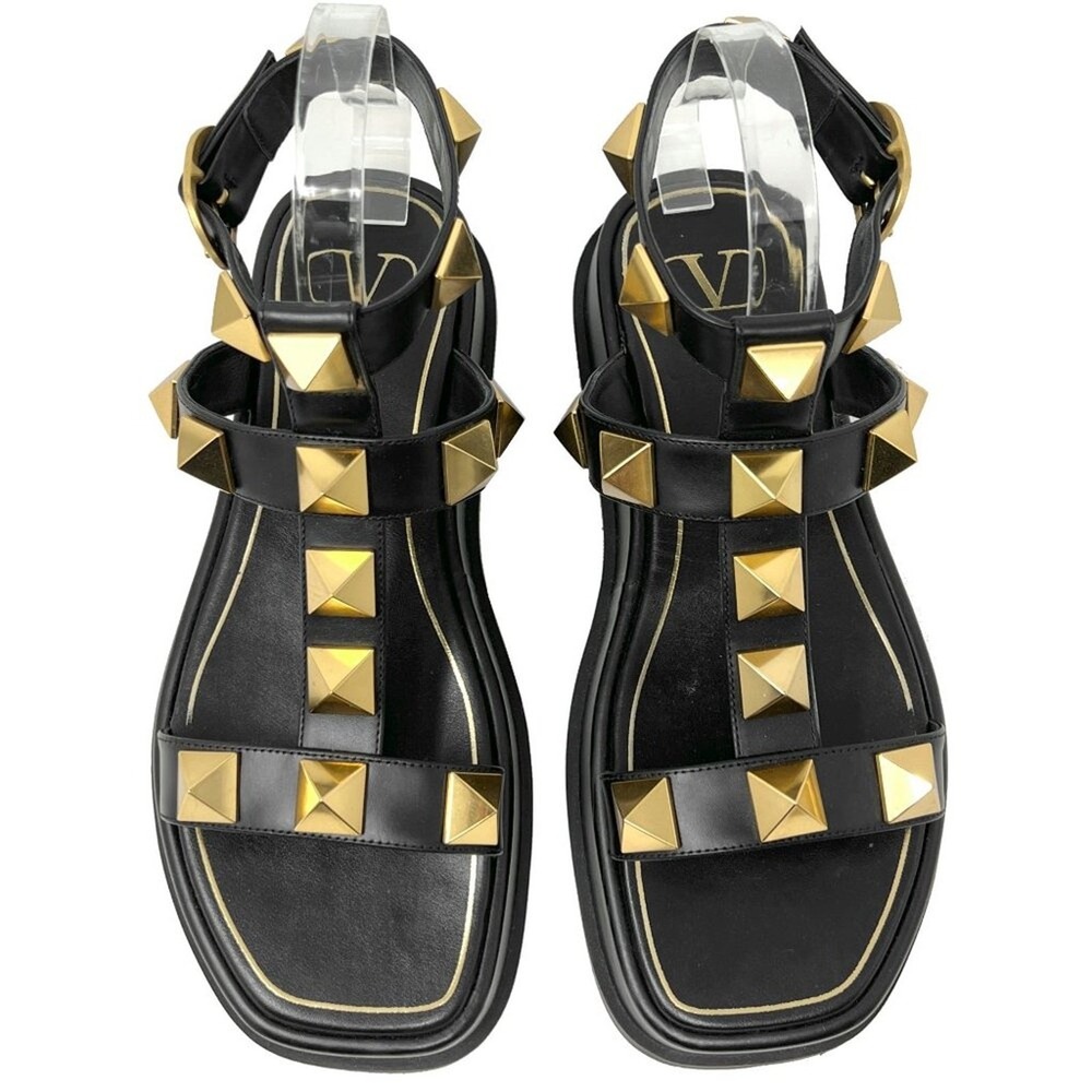 Valentino Roman‎ Stud Platform Sandals Black Gold 38